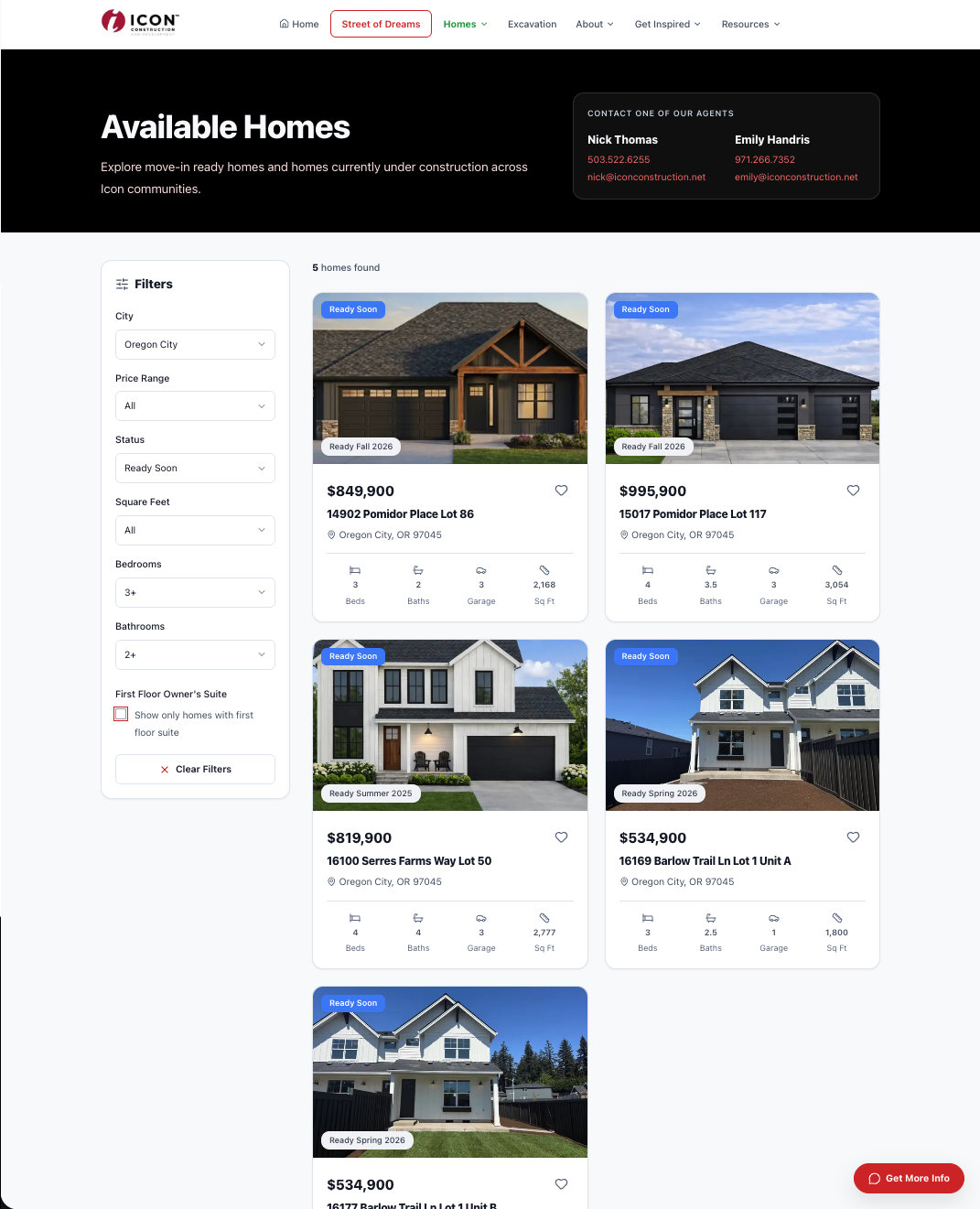 Listado de casas disponibles con filtros
